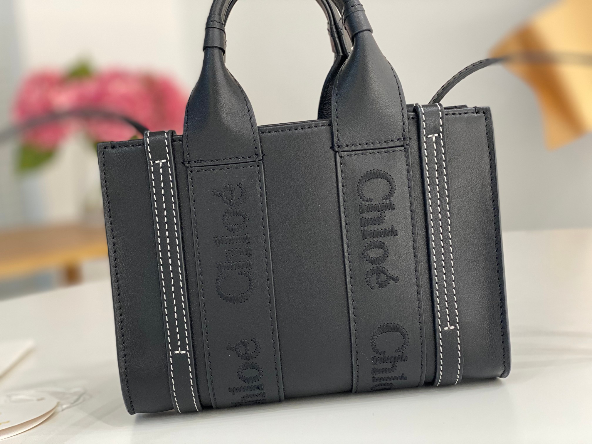 Chloe Mini Woody Tote Bag In Black Soft Smooth Calfskin Leather